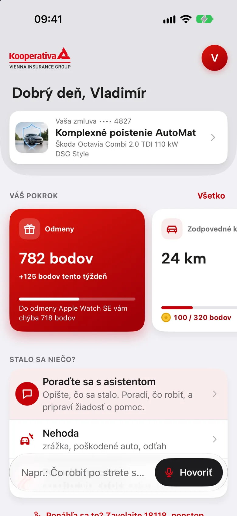 Úvodná obrazovka aplikácie s pozdravom Dobrý deň, Vladimír a zmluvou AutoMat