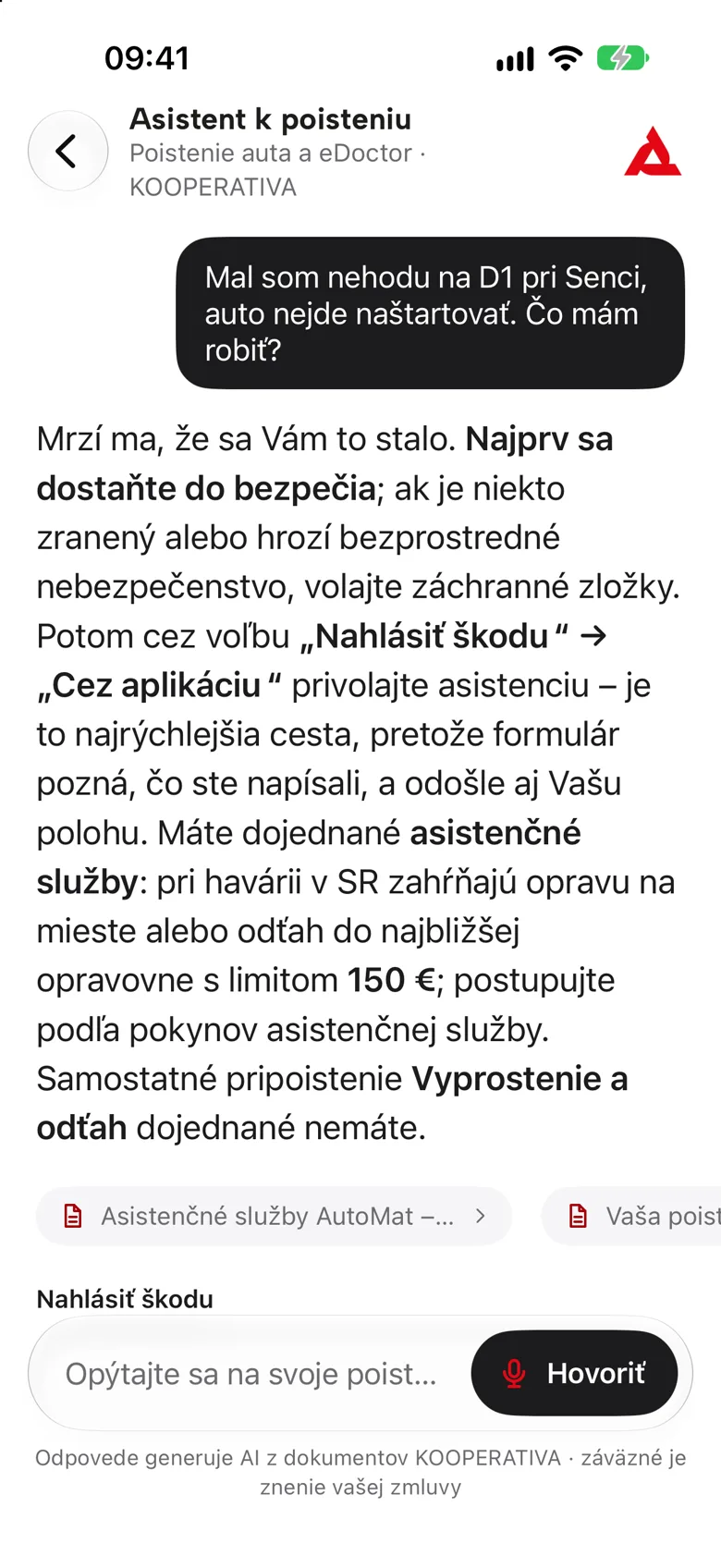 Otázka o nehode a odpoveď asistenta