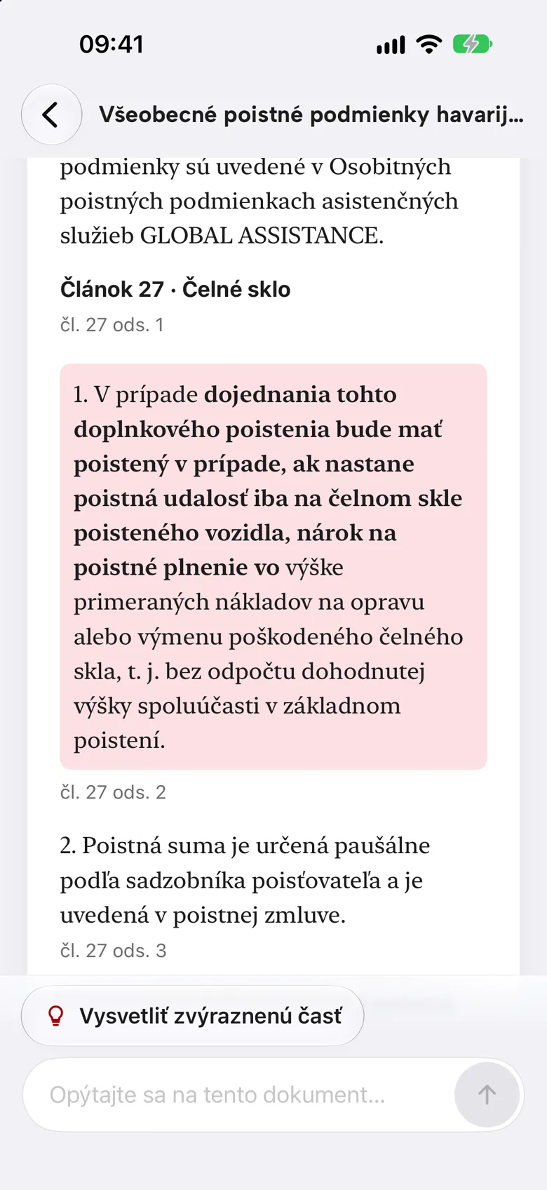 Všeobecné poistné podmienky AutoMat, článok 27 Čelné sklo, s podfarbenou citovanou časťou