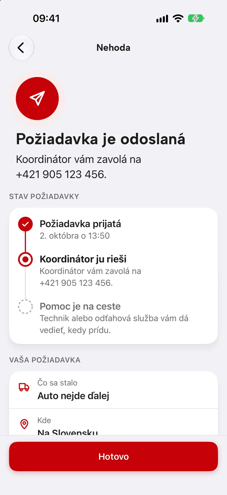Požiadavka je odoslaná, stav požiadavky