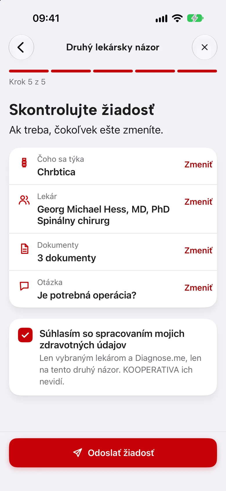 Súhrn žiadosti a súhlas so spracovaním zdravotných údajov