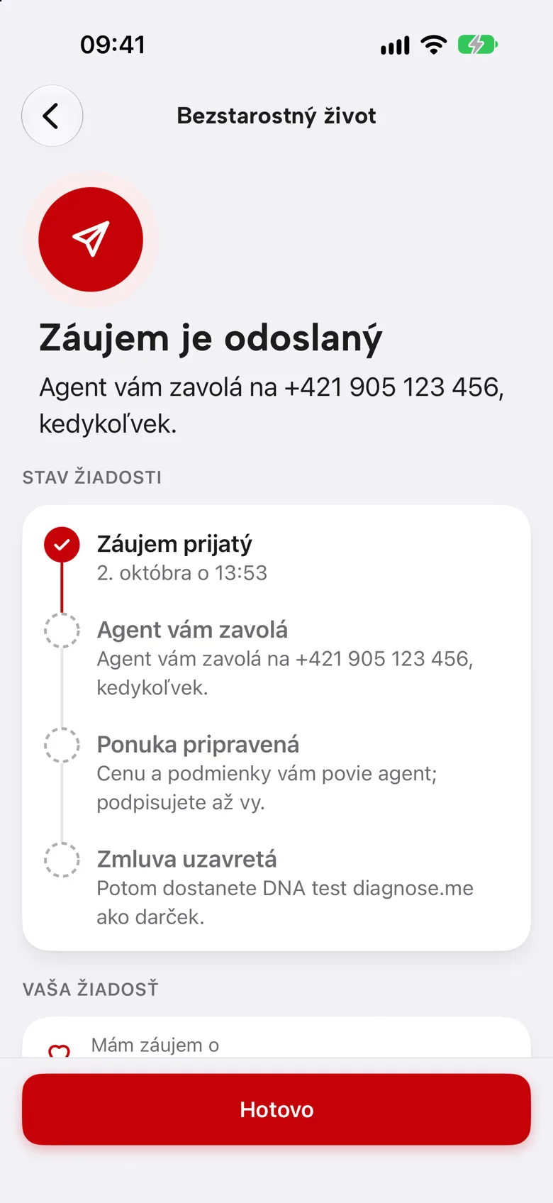 Záujem je odoslaný, stav žiadosti